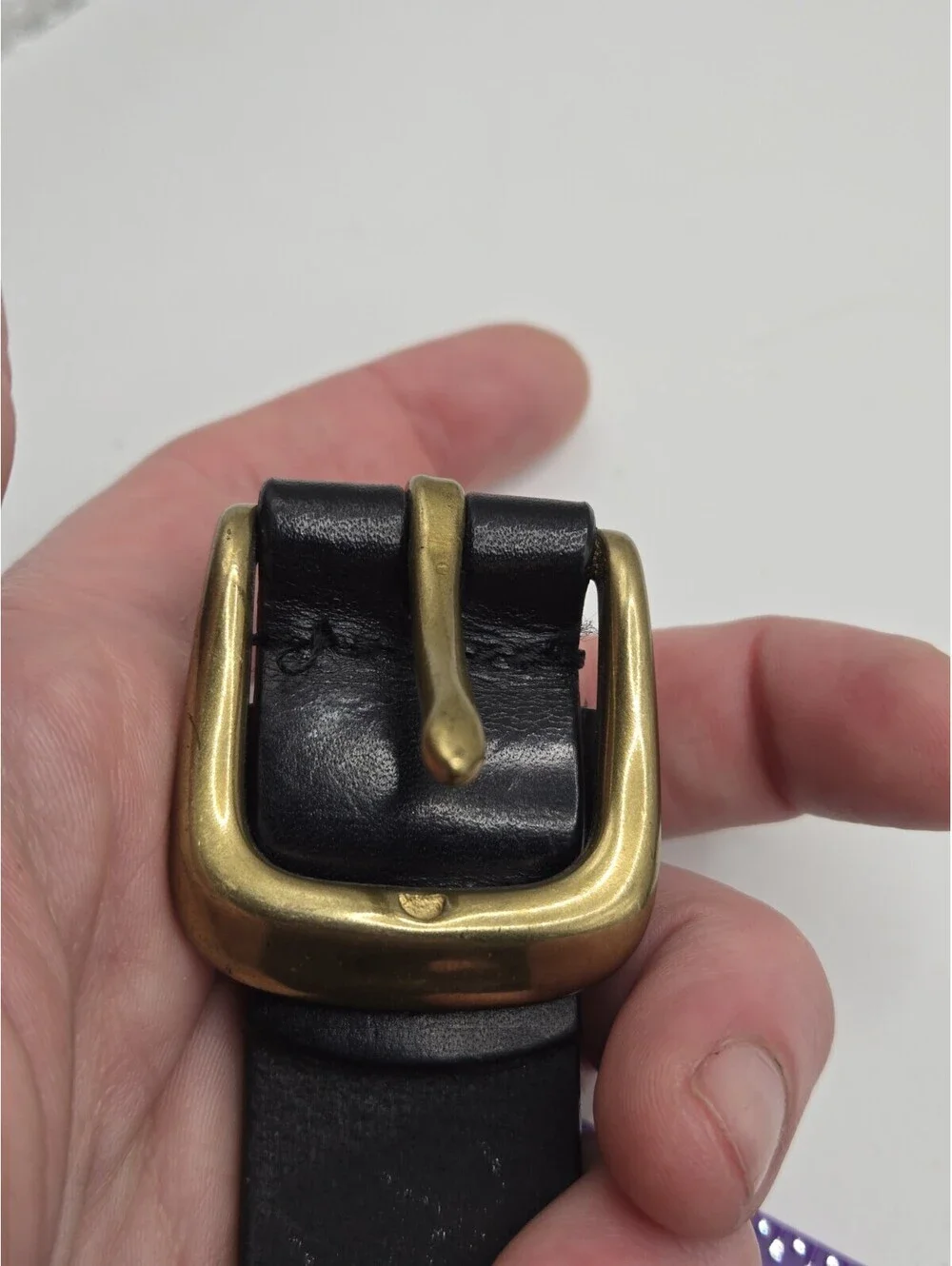 Eddie Bauer Leather Belt 32 Brass Buckle Black Vtg Made in Italy